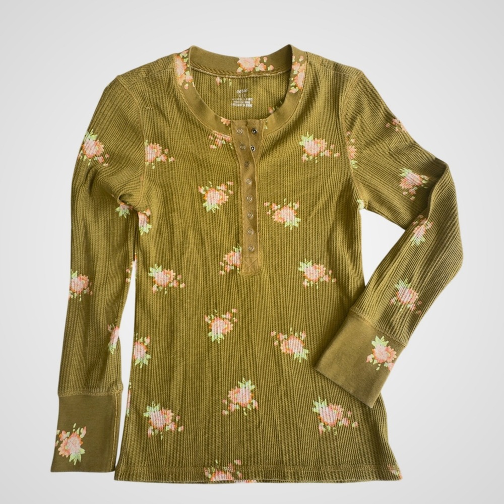Aerie Henley Top Olive Green Floral Waffle Knit Cabincore Lounge Small